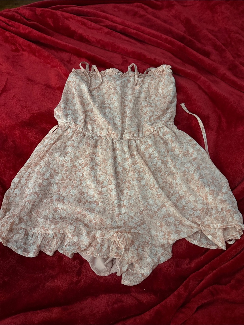 Strapless Floral Ruffle Romper in Light Pink